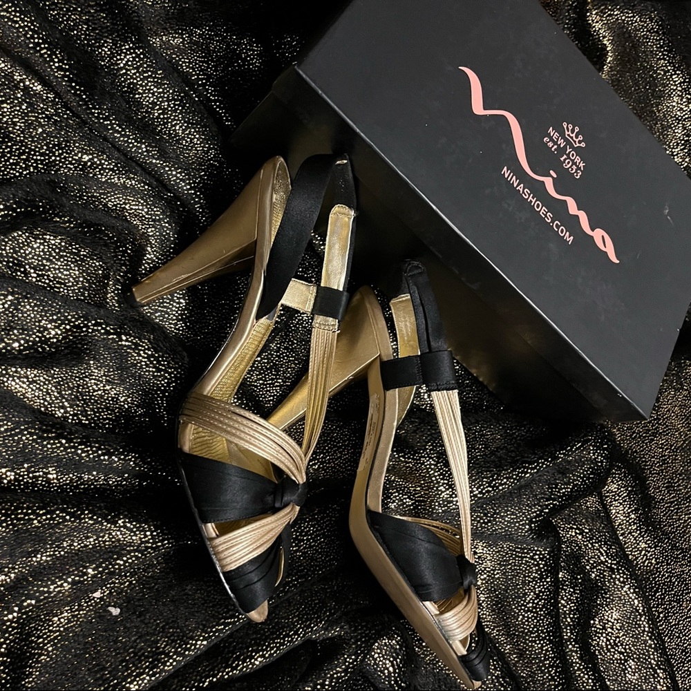 Beautiful Black and Gold Satin evening shoes.